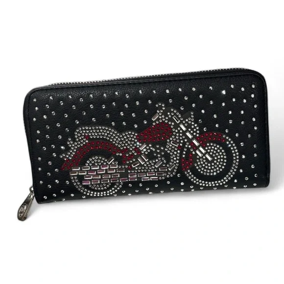 Studded Black Wallet with Motorcycle Design - Picture 2 of 4